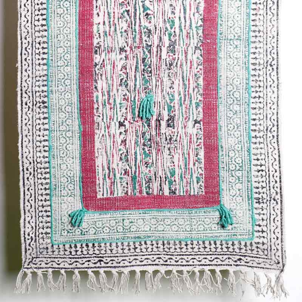 COTTON HAND BLOCK ALL OVER PRINT RUGS WITH EMBROIDERY