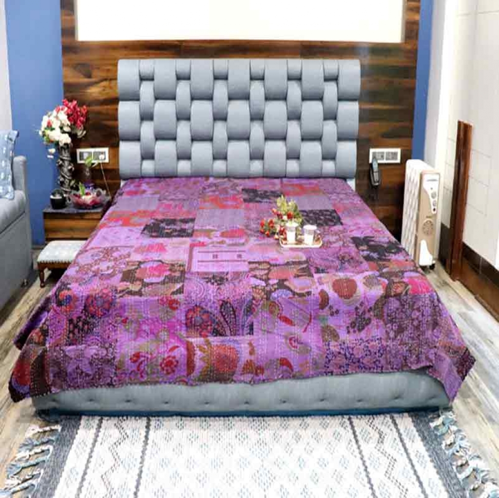 COTTON SCREEN PATCH PRINT KANTHA BED COVER FOR ALL-SEASON