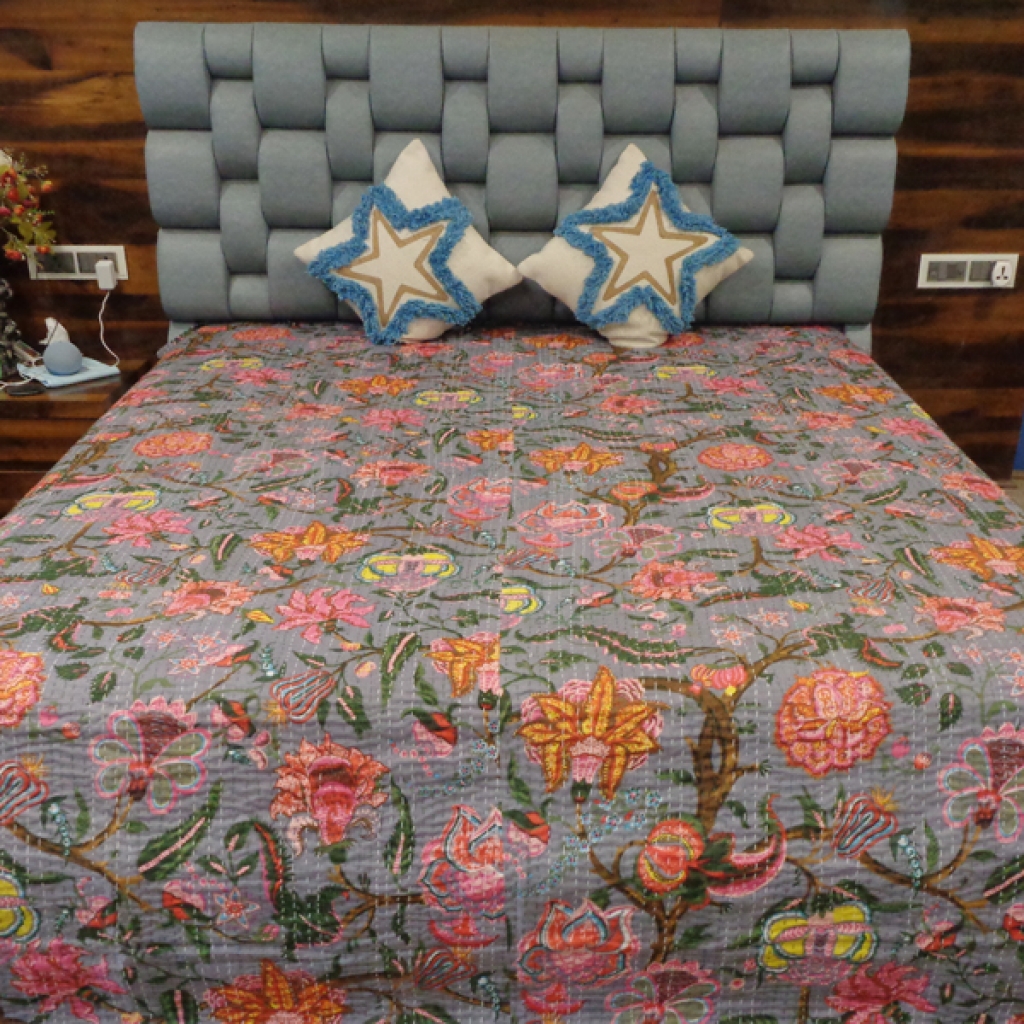 FLORAL PRINTED  KANTHA BED COVER