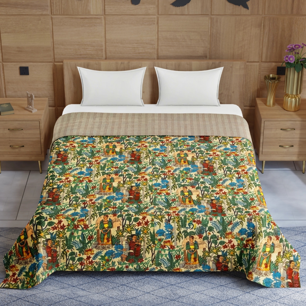 FARIDA PRINTED COTTON KANTHA BED COVER