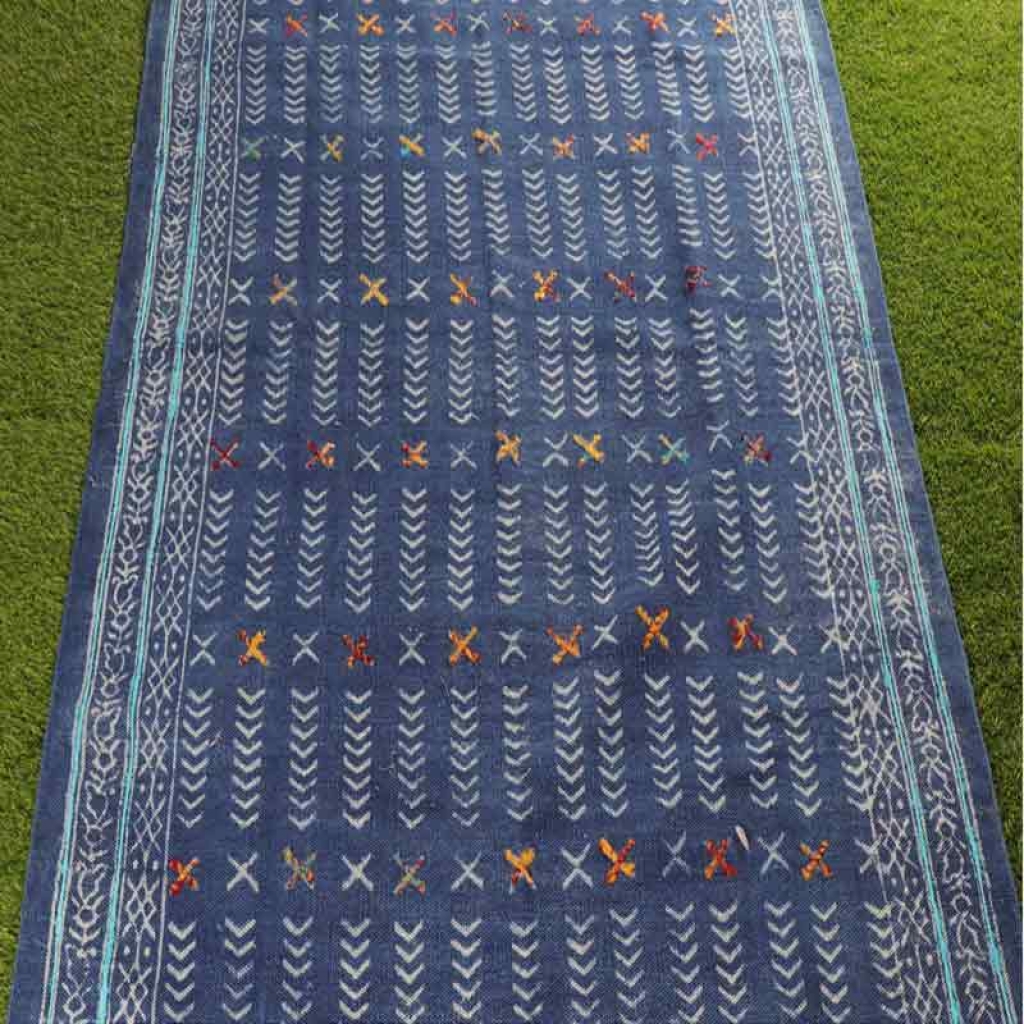 COTTON INDIGO ALL OVER PRINT RUGS WITH EMBROIDERY