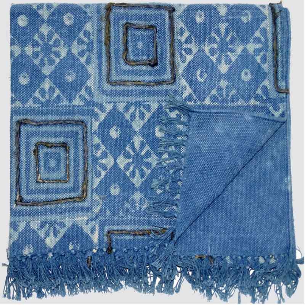 COTTON INDIGO ALL OVER PRINT RUGS WITH EMBROIDERY