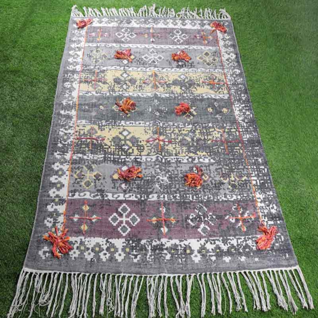 COTTON SCREEN ALL OVER PRINT RUGS WITH EMBROIDERY