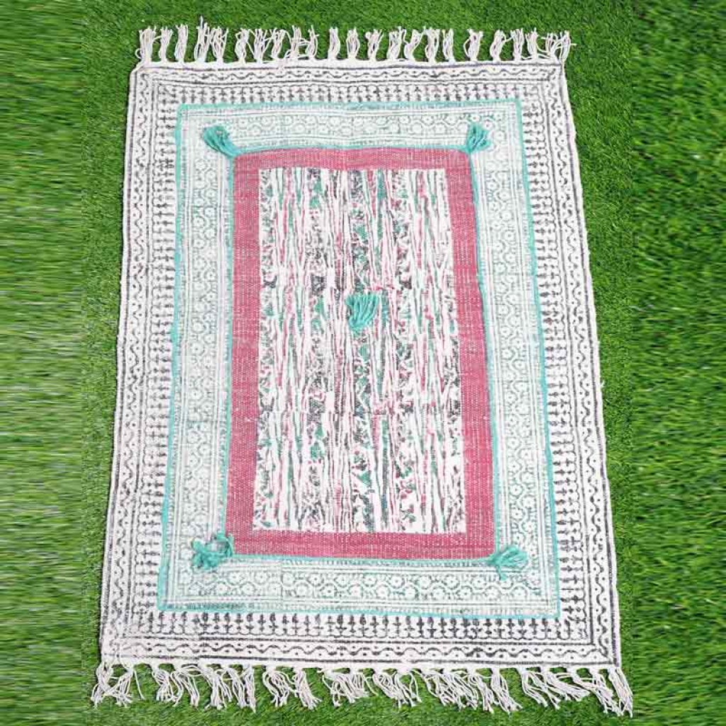 COTTON HAND BLOCK ALL OVER PRINT RUGS WITH EMBROIDERY