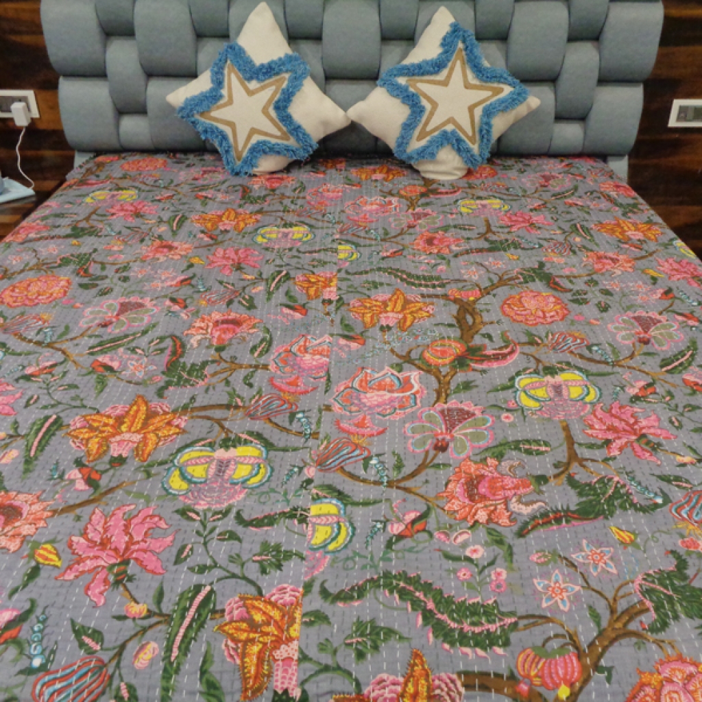 FLORAL PRINTED  KANTHA BED COVER