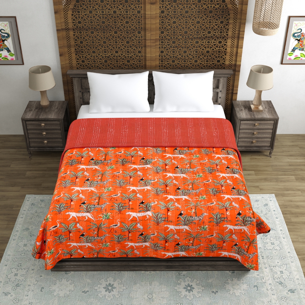 TIGER PRINTED KANTHA BED COVER