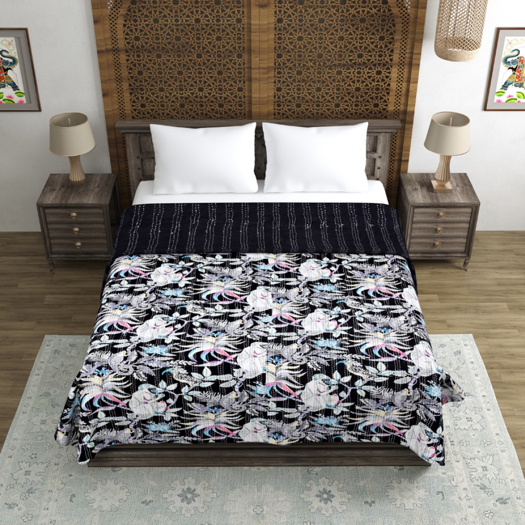 MONKEY PRINTED COTTON KANTHA BEDCOVER