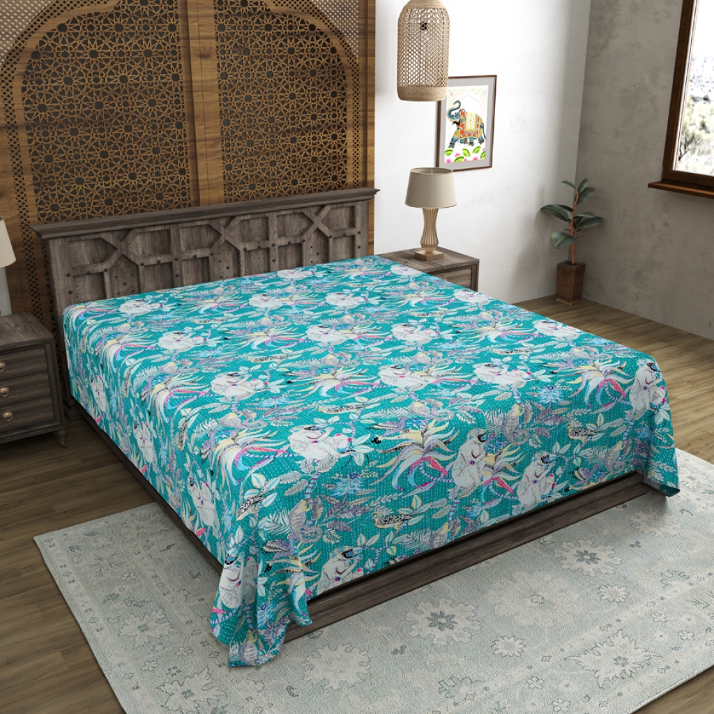 MONKEY PRINTED COTTON KANTHA BEDCOVER