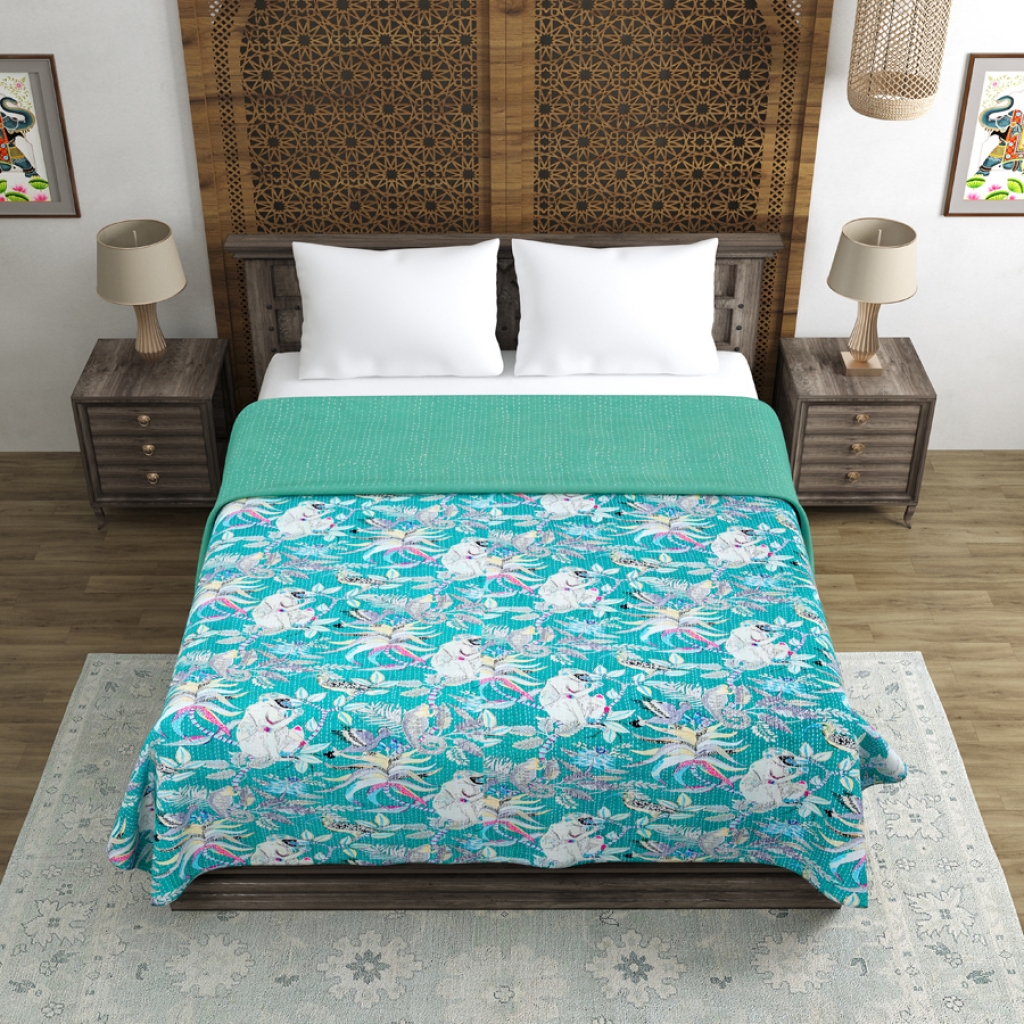 MONKEY PRINTED COTTON KANTHA BEDCOVER