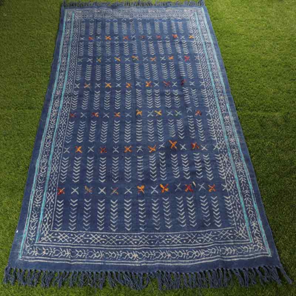 COTTON INDIGO ALL OVER PRINT RUGS WITH EMBROIDERY