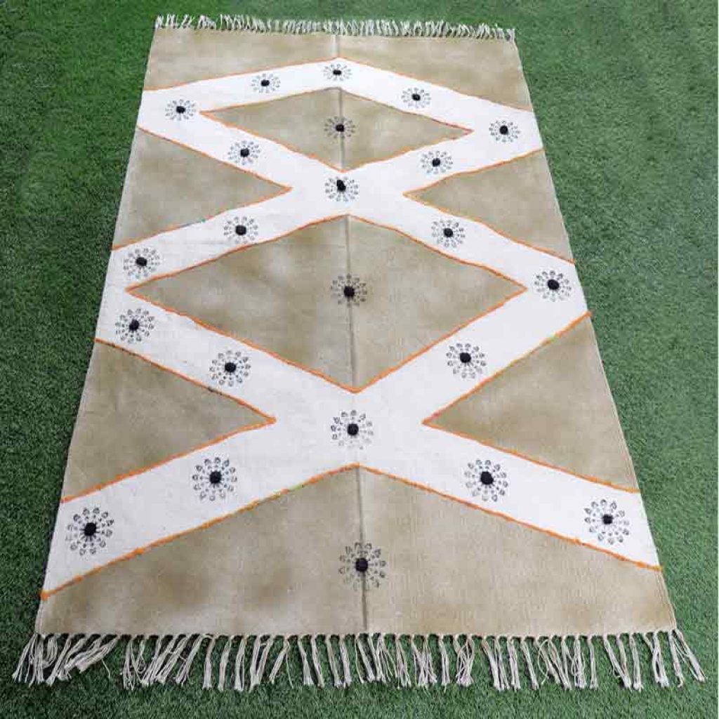 COTTON HAND BLOCK ALL OVER PRINT RUGS WITH EMBROIDERY