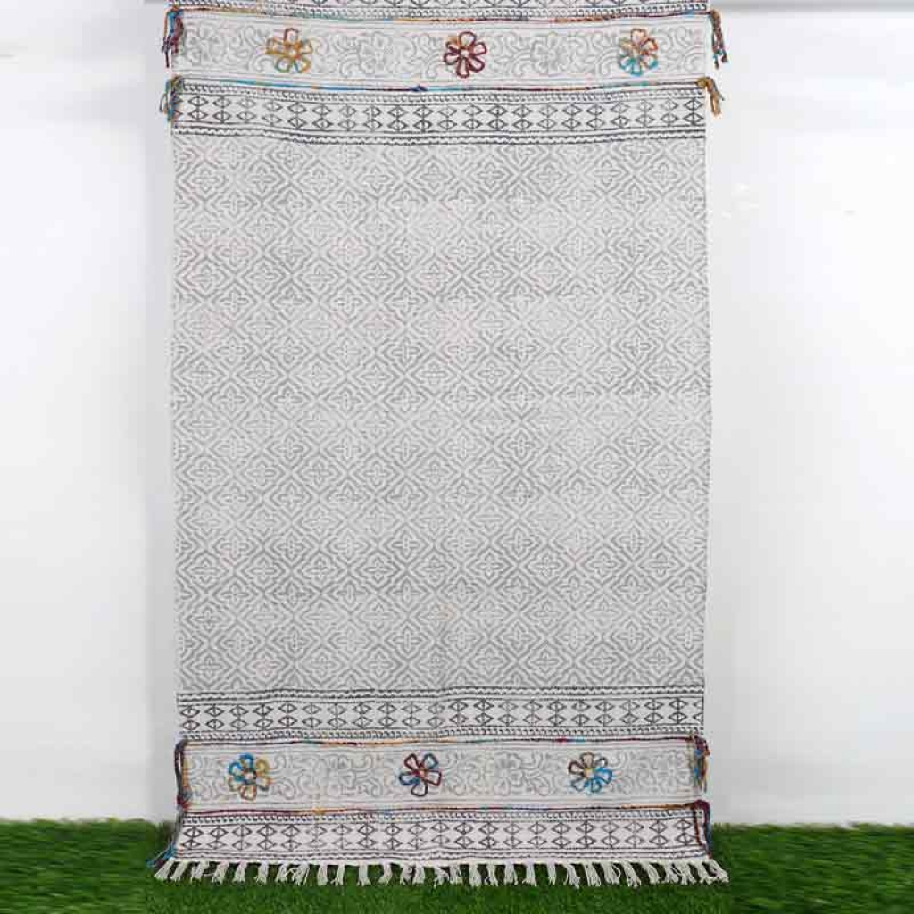 COTTON HAND BLOCK ALL OVER PRINT RUGS WITH EMBROIDERY